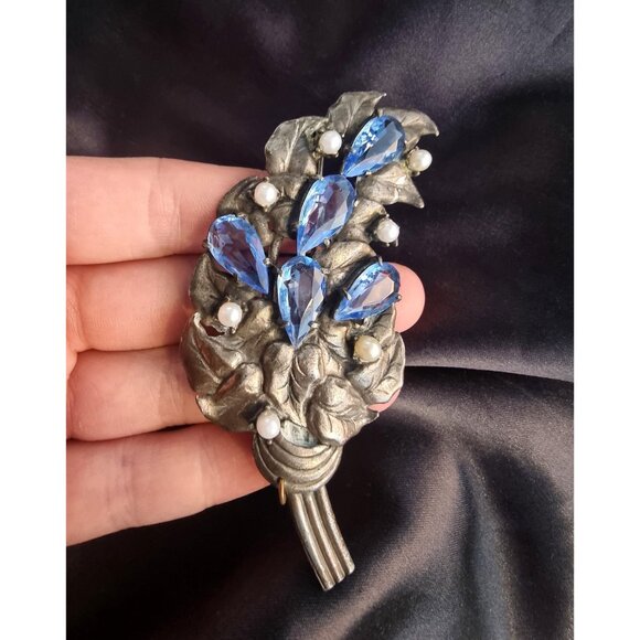 Rare Find Vintage 1920-1930s Blue Rhinestones Silver Metal Toned Large Leaf Broo - Picture 4 of 6